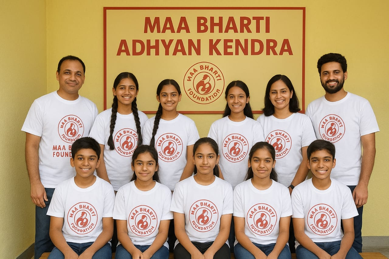 Students and mentors standing in front of Maa Bharti Adhyan Kendra